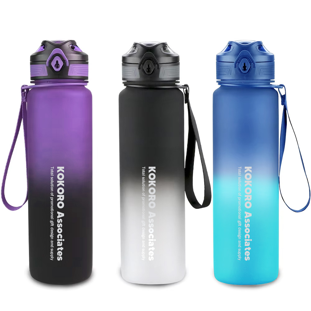Gradient 1000ml sports bottles in purple, black-white and blue