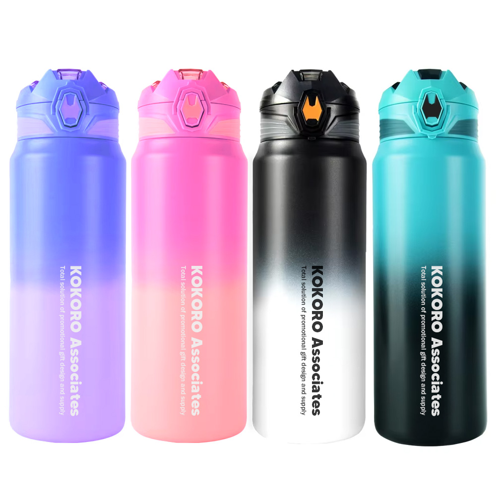 Gradient stainless bottles with straw lids in purple, pink, black and teal