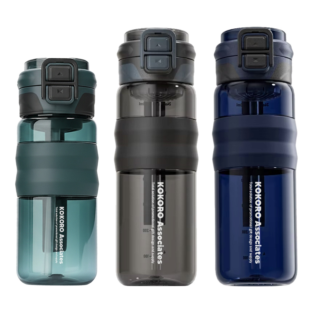 Tritan water bottles in green, grey and navy with flip lids