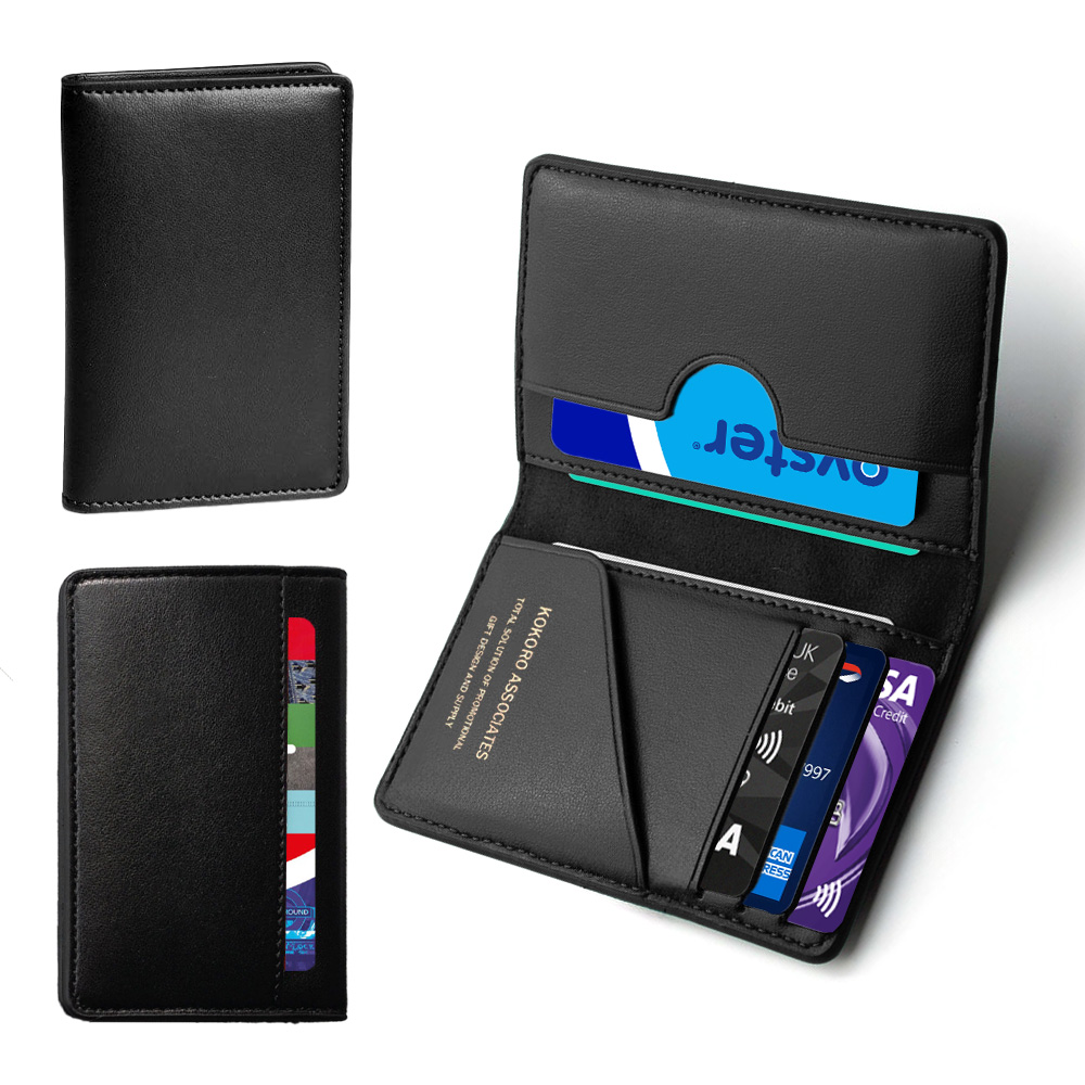Black bifold leather wallet with card slots and gold branding