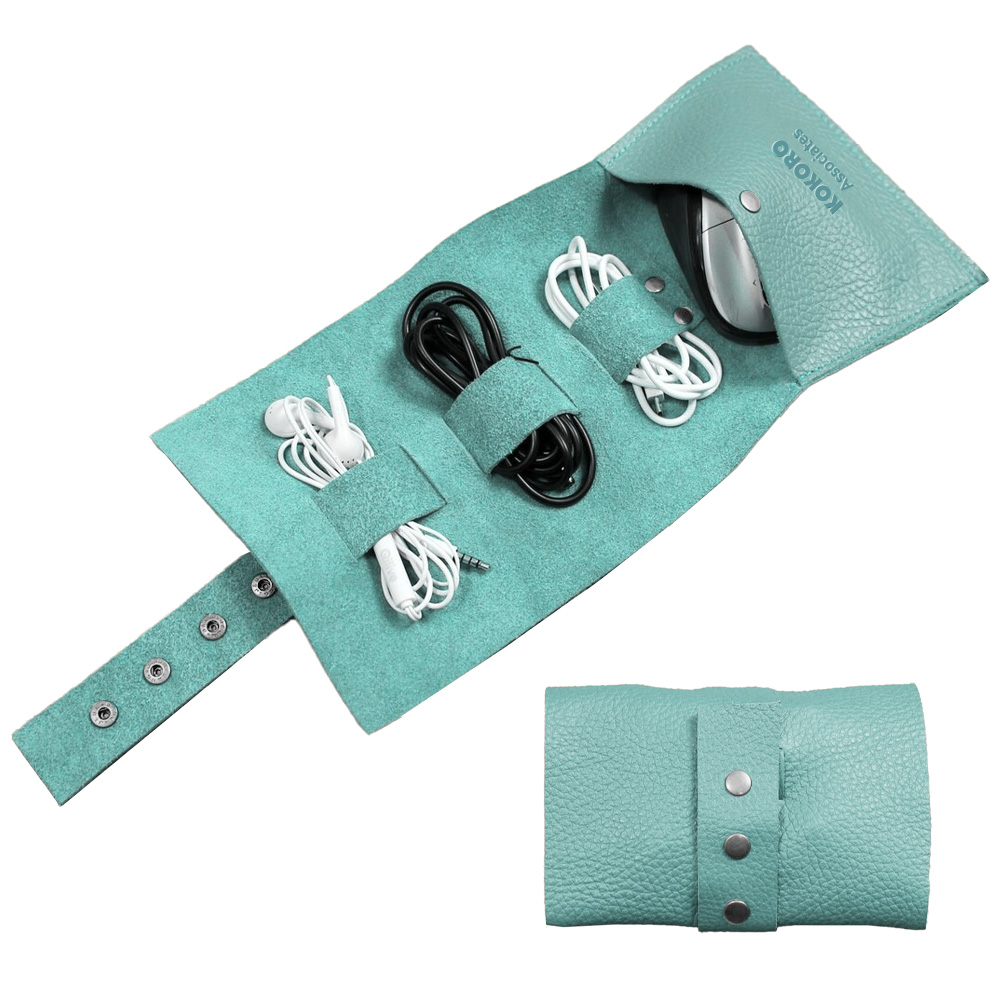 Teal leather cable and earphone organiser roll