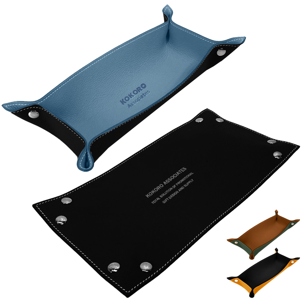 Blue and black leather valet desk trays with snap corners