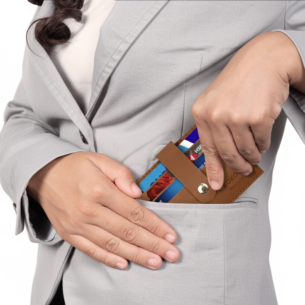 Tan leather card holder being placed into a suit pocket