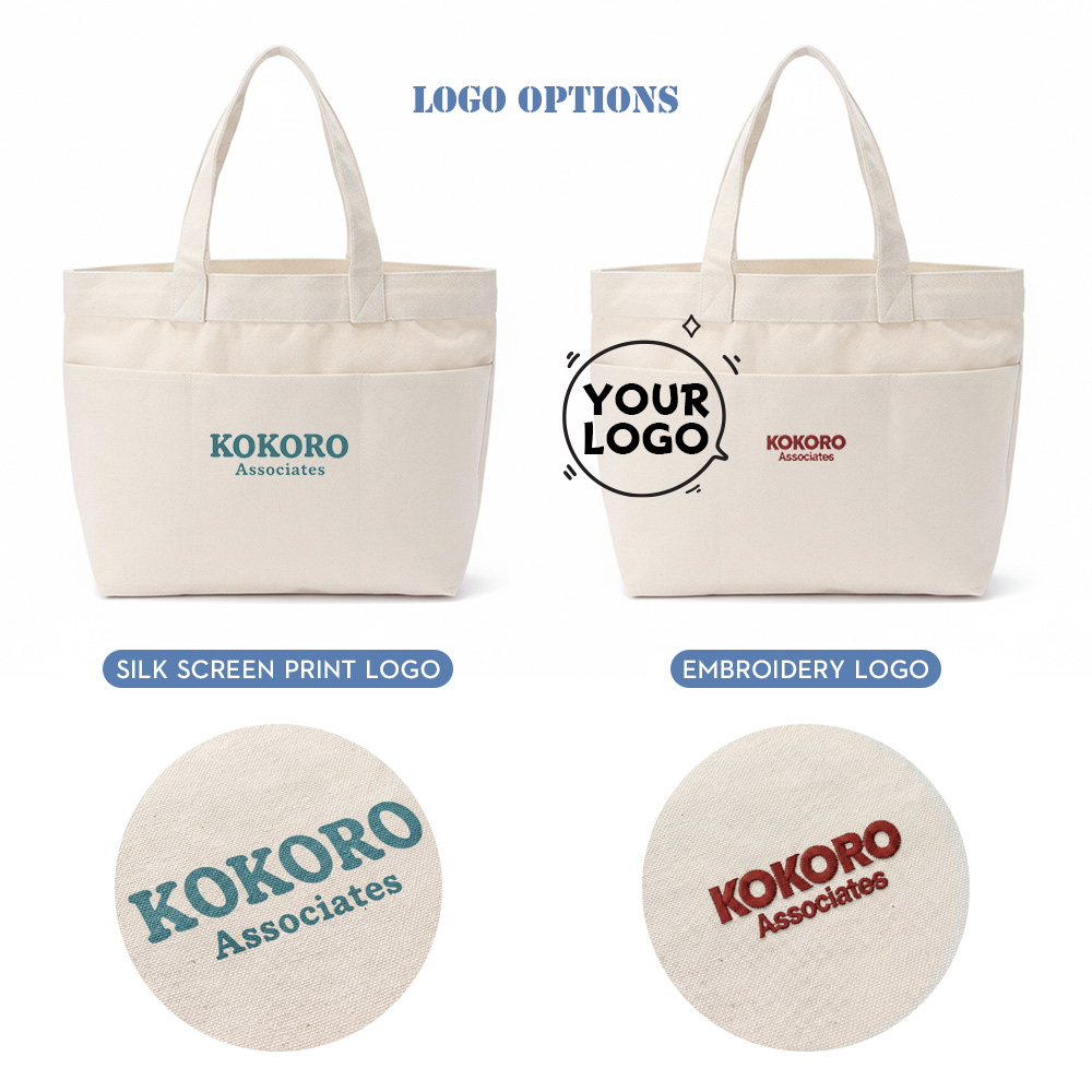 Canvas tote showing silk screen print versus embroidered logo options