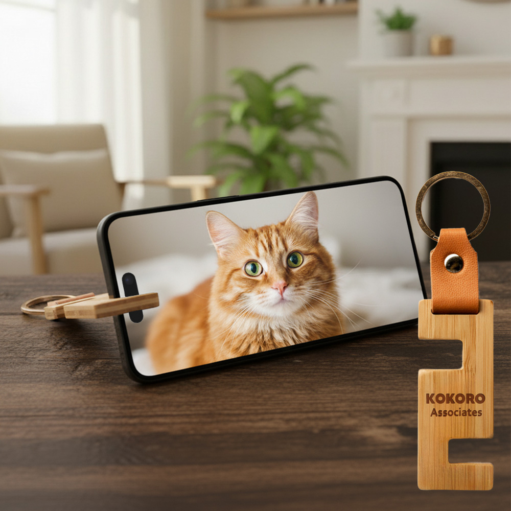Bamboo keychain phone stand holding a phone displaying a cat photo