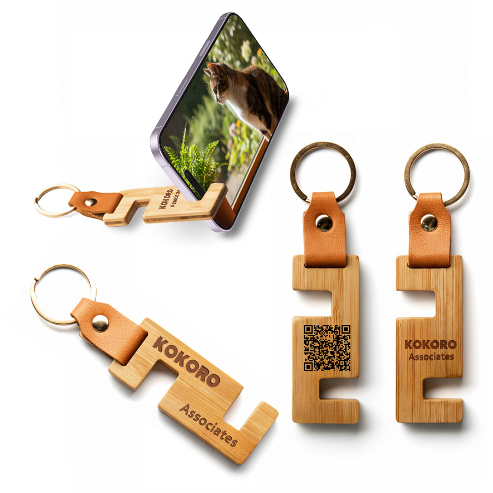 Bamboo keychain phone stands with leather straps and QR engraving