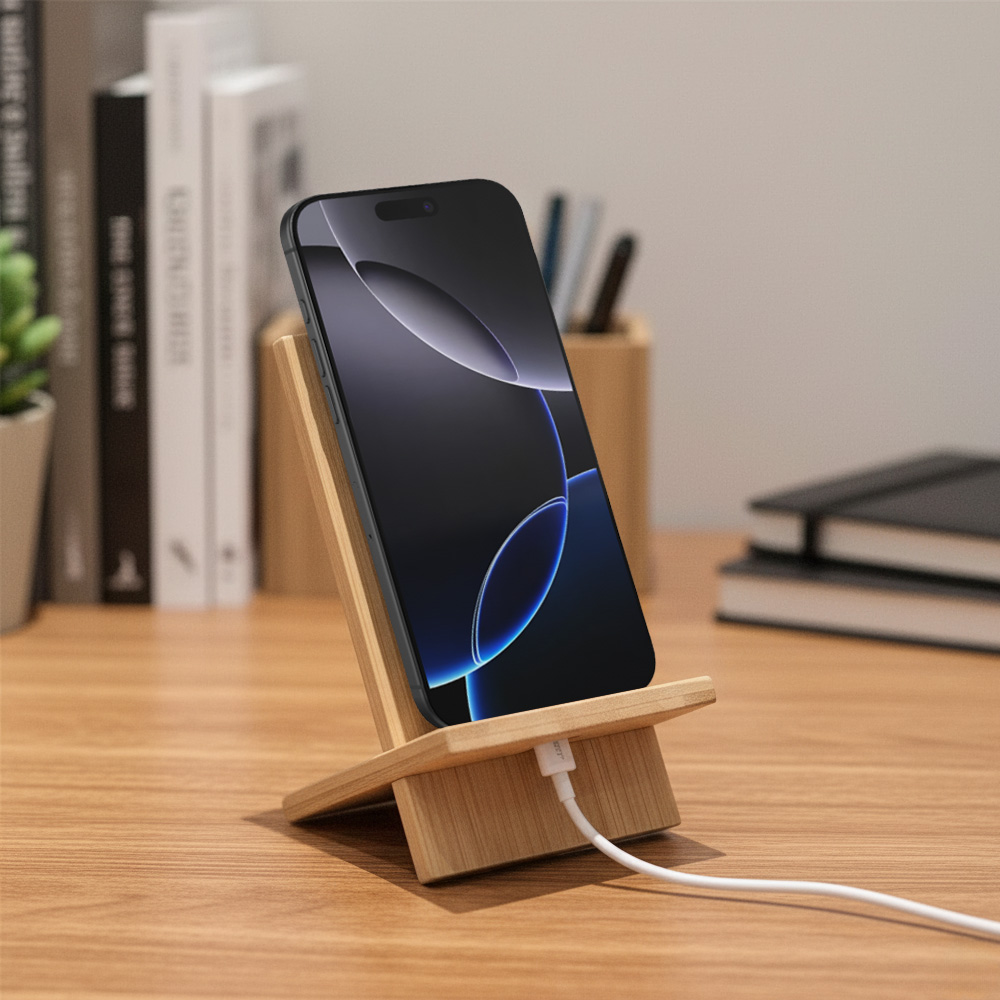 Bamboo phone stand on a desk holding a charging phone